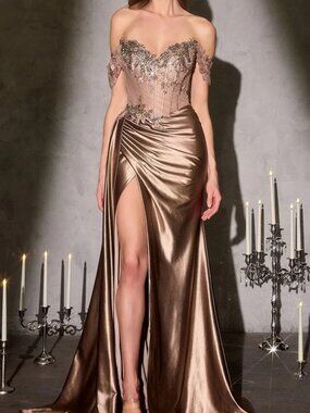 NWT Ladivine CDS554 Off-Shoulder Illusion Corset Prom Dress Mocha Gold size 2